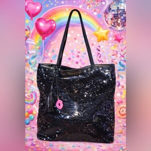 Betsey Johnson Black Sequin Tote with Pink Lip Charm